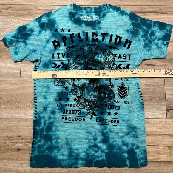 Men's Affliction Freedom Defender Shirt MEDIUM Teal Tie Dye Skull Snake Rocker - Picture 3 of 6